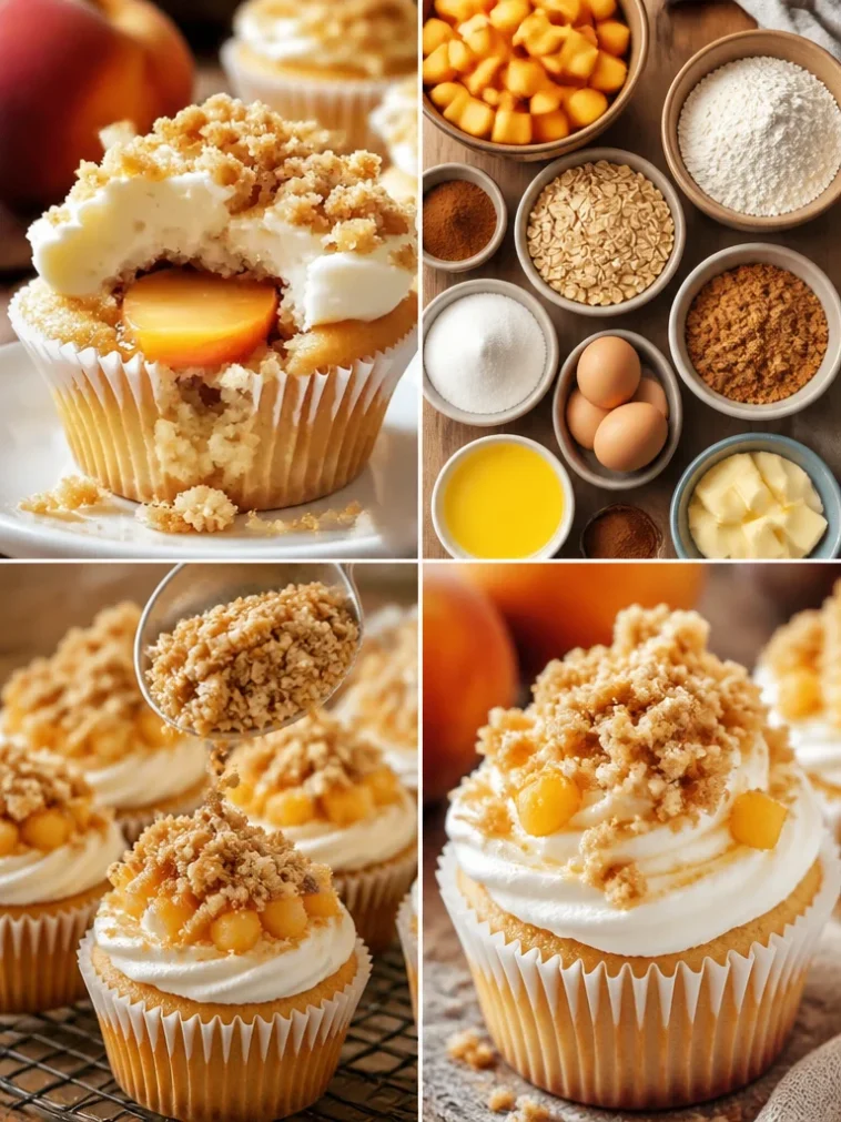 Mother's Day peach cobbler cupcakes topped with fresh peaches and icing