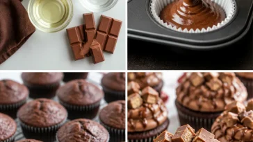 Delicious Kit Kat Cupcakes topped with chocolate and Kit Kat bars