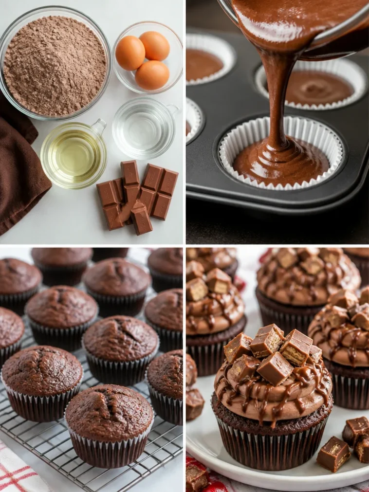 Delicious Kit Kat Cupcakes topped with chocolate and Kit Kat bars