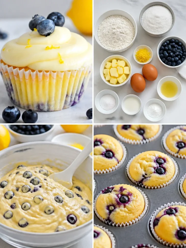 Delicious lemon blueberry cupcakes decorated with fresh blueberries and lemon zest