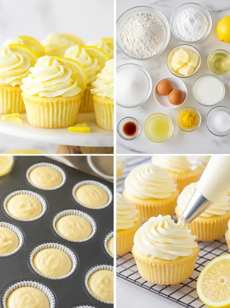 Delicious lemon cupcakes with frosting on a white plate