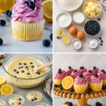 Lemon cupcakes with blueberry buttercream frosting on a plate.