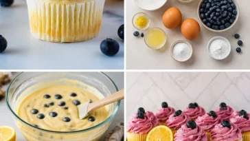 Lemon cupcakes with blueberry buttercream frosting on a plate.