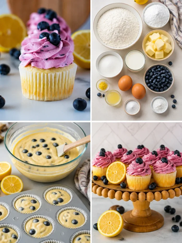 Lemon cupcakes with blueberry buttercream frosting on a plate.