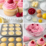 Lemon cupcakes with raspberry buttercream frosting on a decorative plate