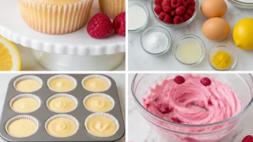 Lemon cupcakes with raspberry buttercream frosting on a decorative plate
