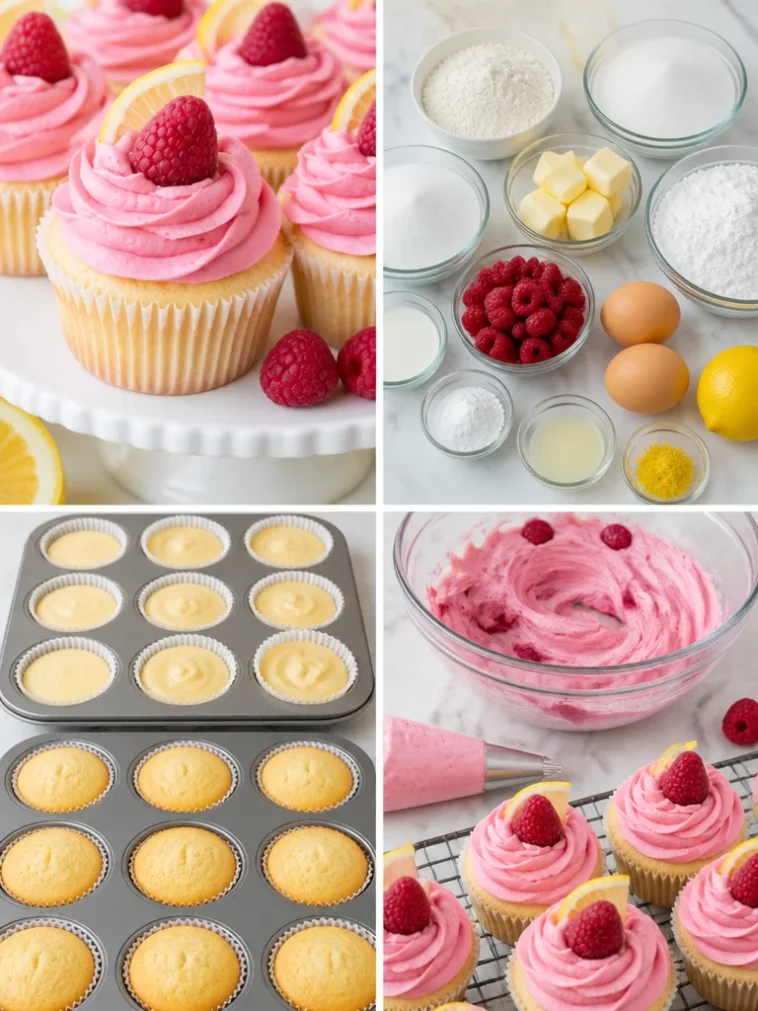 Lemon cupcakes with raspberry buttercream frosting on a decorative plate
