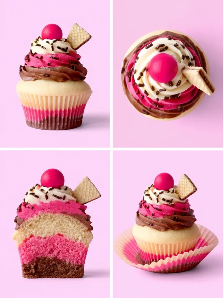 Delicious Neapolitan cupcakes featuring chocolate, vanilla, and strawberry layers.