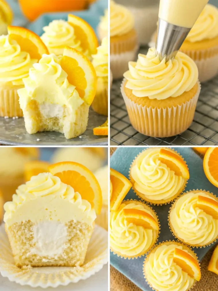 Orange cream cupcakes with creamy frosting topped with orange slices
