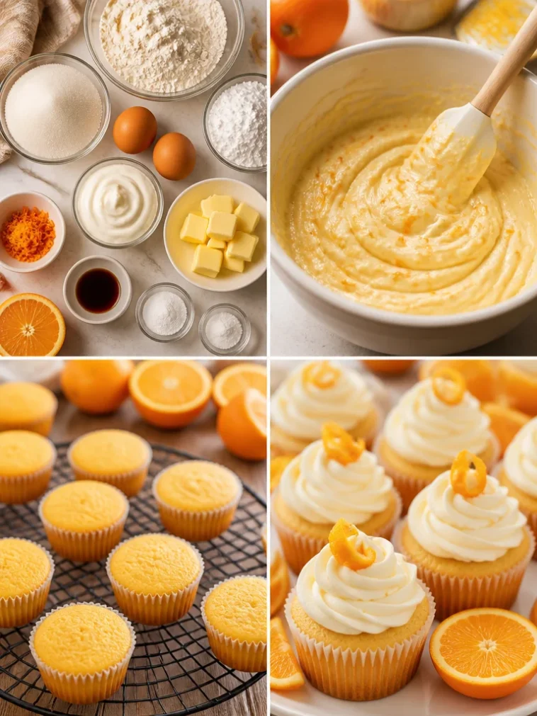 Delicious Orange Creamsicle Cupcakes topped with creamy orange frosting.