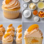 Peach Bellini Cupcakes topped with peach slices and champagne frosting