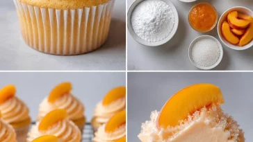 Peach Bellini Cupcakes topped with peach slices and champagne frosting