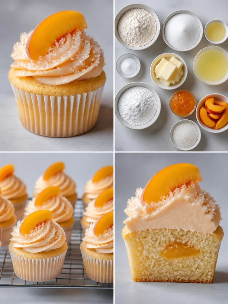 Peach Bellini Cupcakes topped with peach slices and champagne frosting