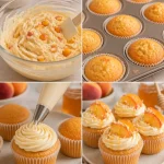 Delicious Peach Cream Cheese Cupcakes topped with creamy frosting and fresh peach slices.