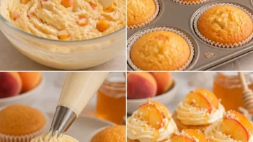 Delicious Peach Cream Cheese Cupcakes topped with creamy frosting and fresh peach slices.