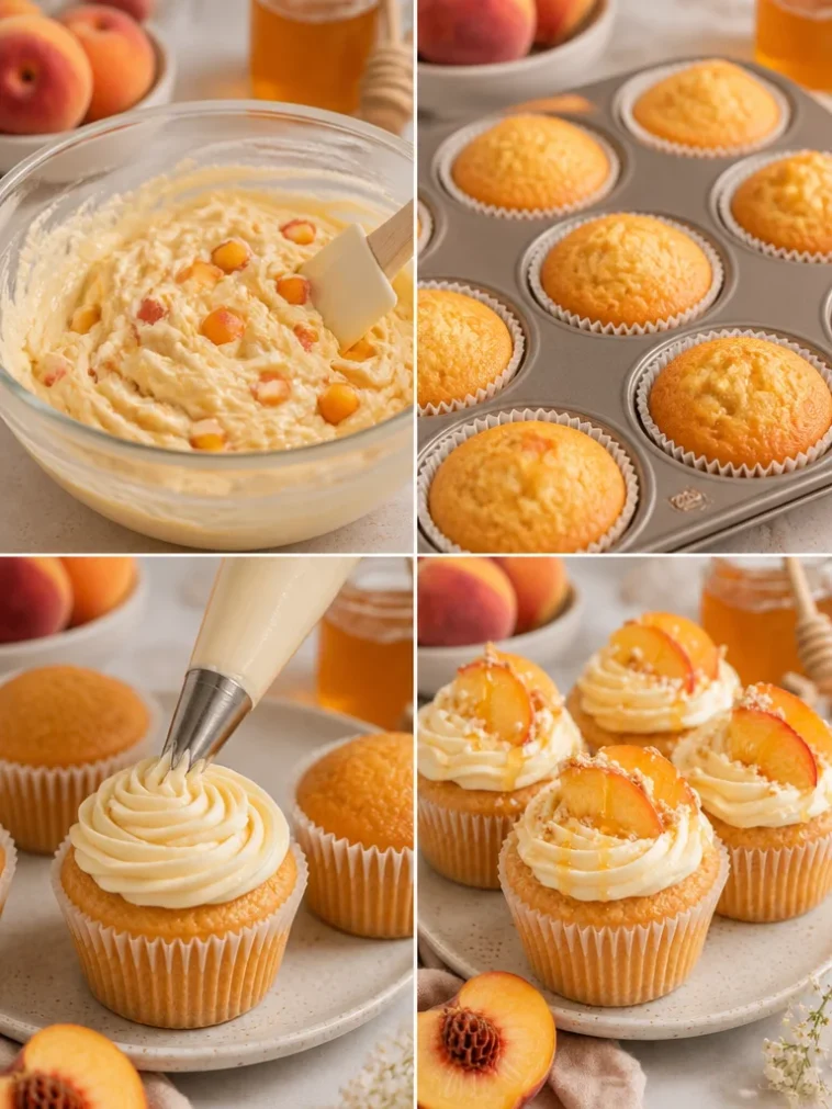 Delicious Peach Cream Cheese Cupcakes topped with creamy frosting and fresh peach slices.