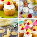 Delicious Pina Colada cupcakes with coconut frosting and fruit garnish.