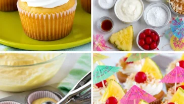 Delicious Pina Colada cupcakes with coconut frosting and fruit garnish.