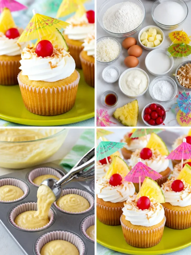 Delicious Pina Colada cupcakes with coconut frosting and fruit garnish.