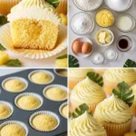 Pineapple cupcakes with fluffy pineapple frosting on a plate