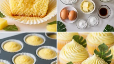 Pineapple cupcakes with fluffy pineapple frosting on a plate
