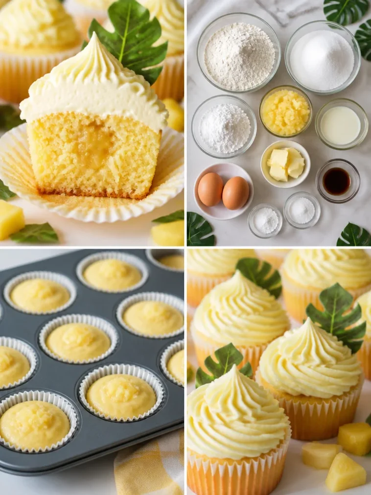 Pineapple cupcakes with fluffy pineapple frosting on a plate