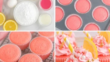 Delicious pink lemonade cupcakes with frosting and lemon slices on a plate