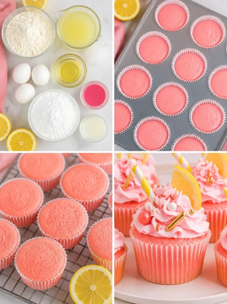 Delicious pink lemonade cupcakes with frosting and lemon slices on a plate