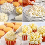 Delicious popcorn cupcakes topped with buttery popcorn and frosting