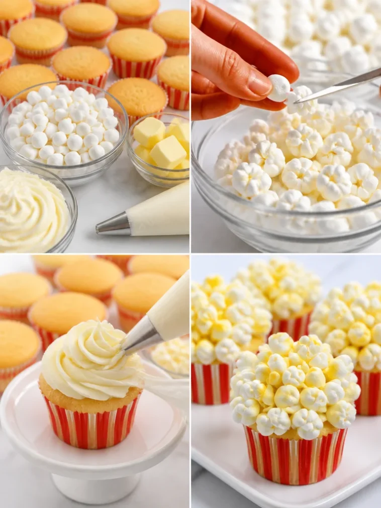 Delicious popcorn cupcakes topped with buttery popcorn and frosting
