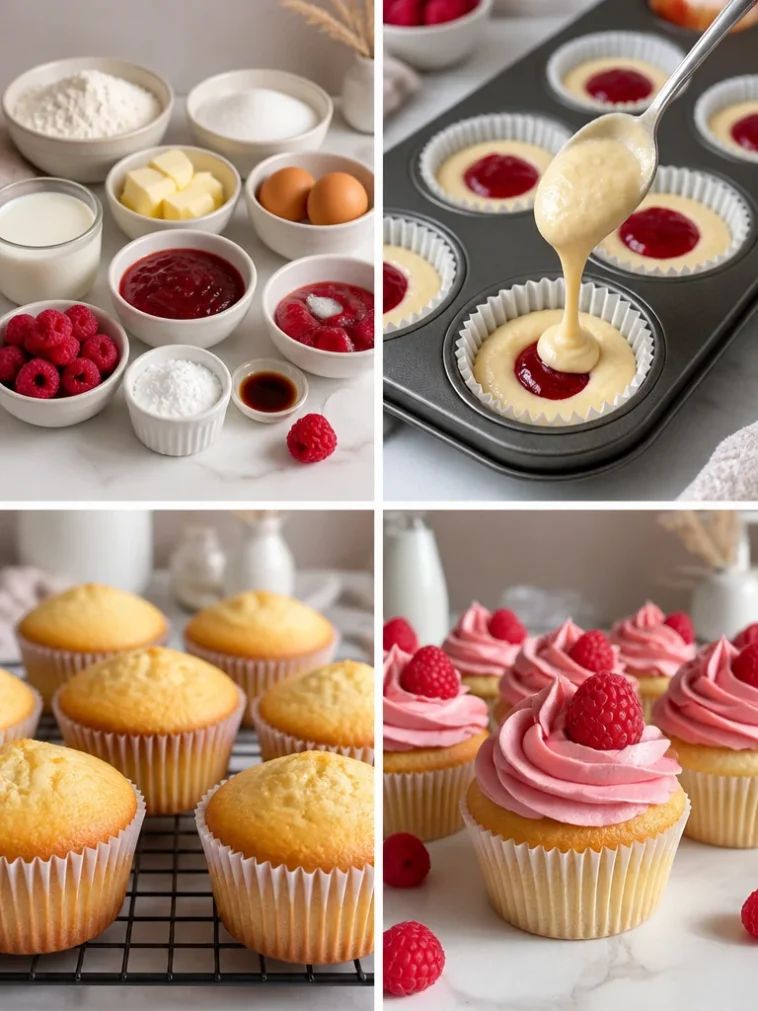 Delicious raspberry cupcakes topped with creamy frosting and fresh raspberries