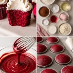 Delicious red velvet cupcakes topped with cream cheese frosting on a table.