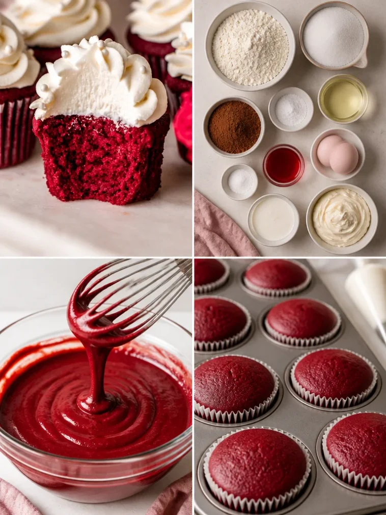 Delicious red velvet cupcakes topped with cream cheese frosting on a table.