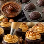 Delectable Snickers Cupcakes topped with chocolate frosting and nuts
