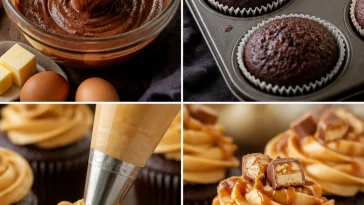 Delectable Snickers Cupcakes topped with chocolate frosting and nuts