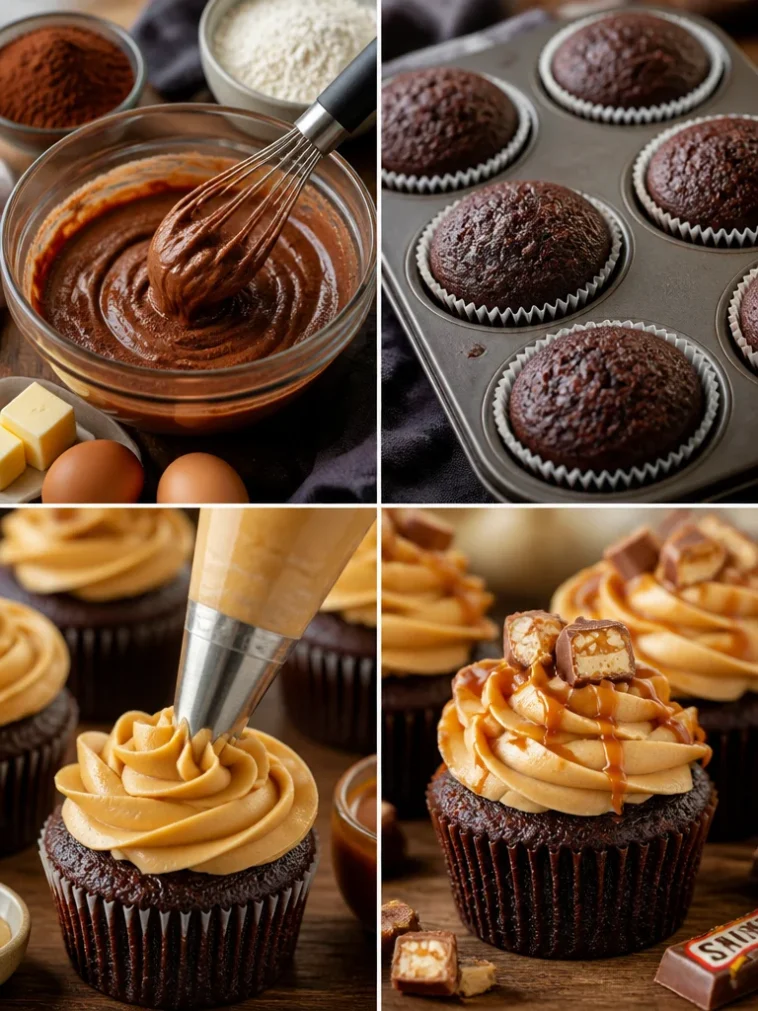 Delectable Snickers Cupcakes topped with chocolate frosting and nuts
