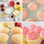Strawberry lemonade cupcakes with colorful frosting and fresh strawberries