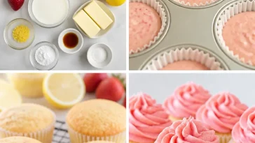 Strawberry lemonade cupcakes with colorful frosting and fresh strawberries