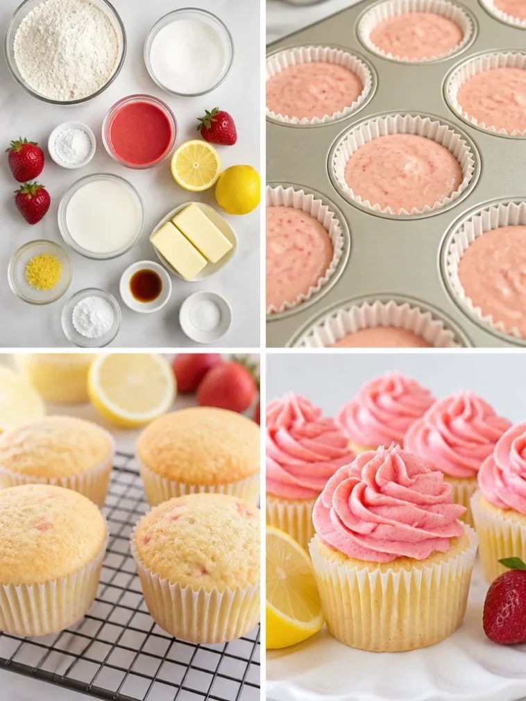 Strawberry lemonade cupcakes with colorful frosting and fresh strawberries