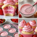 Delicious strawberry milkshake cupcakes topped with whipped cream and fresh strawberries