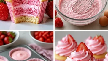 Delicious strawberry milkshake cupcakes topped with whipped cream and fresh strawberries