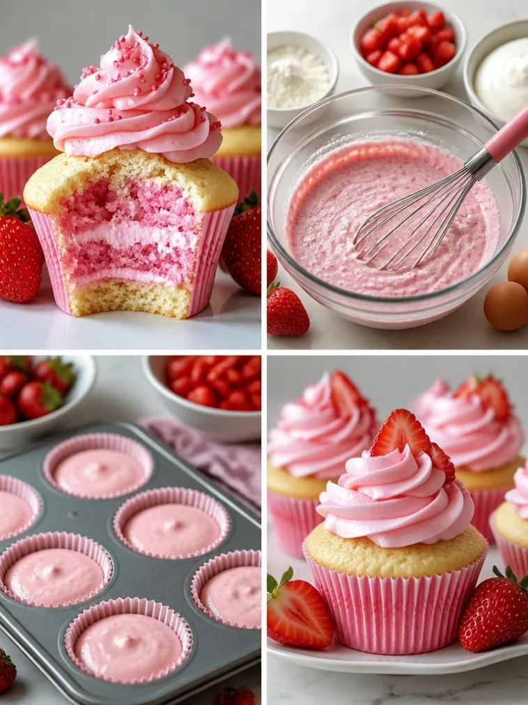 Delicious strawberry milkshake cupcakes topped with whipped cream and fresh strawberries