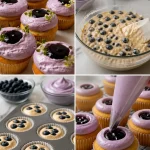 Triple Blueberry Cupcakes topped with creamy frosting and fresh blueberries