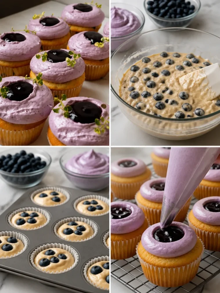 Triple Blueberry Cupcakes topped with creamy frosting and fresh blueberries