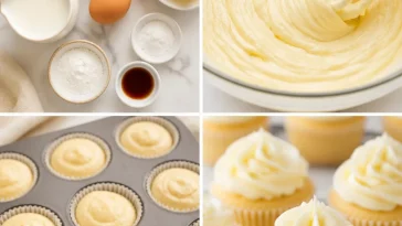 Delicious homemade vanilla cupcakes with frosting on a white plate