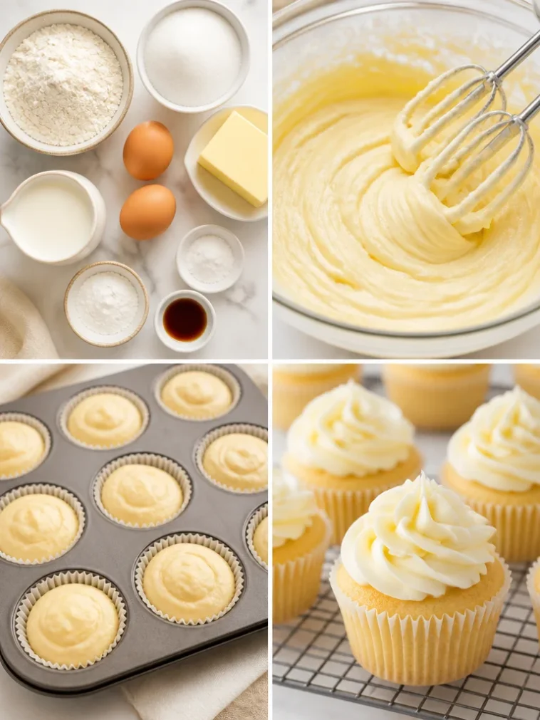 Delicious homemade vanilla cupcakes with frosting on a white plate
