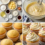 Delicious vanilla cupcakes with frosting topped with sprinkles on a plate