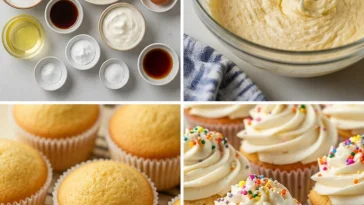 Delicious vanilla cupcakes with frosting topped with sprinkles on a plate
