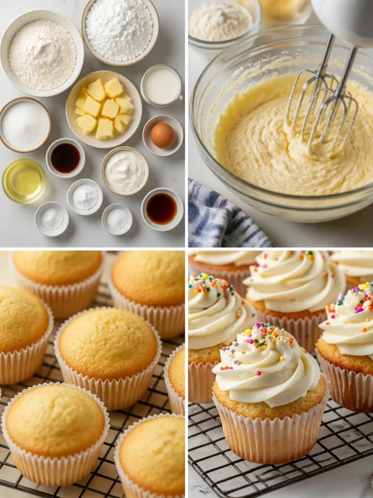 Delicious vanilla cupcakes with frosting topped with sprinkles on a plate